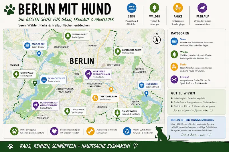 Infografische Berlin-Karte mit hundefreundlichen Spots wie Seen, Wäldern, Parks und Freilaufflächen
