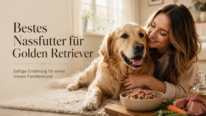 Golden Retriever mit Frauchen neben einem Napf Nassfutter in einer warmen Wohnumgebung.