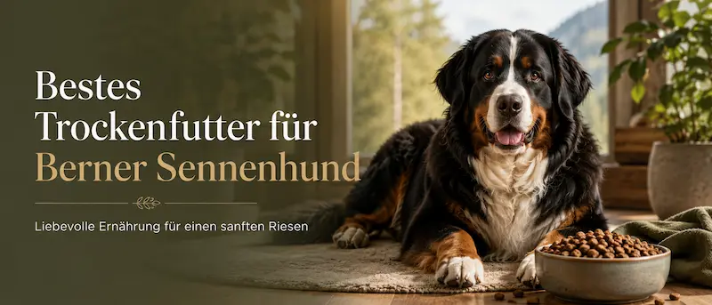 Berner Sennenhund liegt entspannt neben einer Schale Trockenfutter – liebevolle Ernährung für einen sanften Riesen.