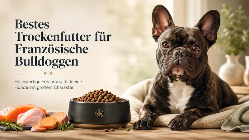 Französische Bulldogge neben Napf mit hochwertigem Trockenfutter und natürlichen Zutaten wie Lachs, Huhn und Süßkartoffel.
