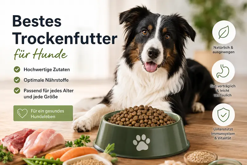 Hund liegt neben einem Napf mit Trockenfutter, dazu Hinweise zu hochwertigem Hundefutter für Hunde.