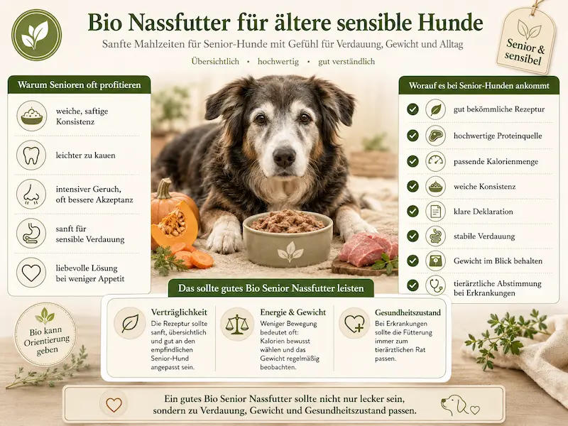 Infografik zu Bio Nassfutter für ältere sensible Hunde mit Senior-Hund, weichem Nassfutter und wichtigen Kriterien wie bekömmlicher Rezeptur, Kalorienmenge und stabiler Verdauung.
