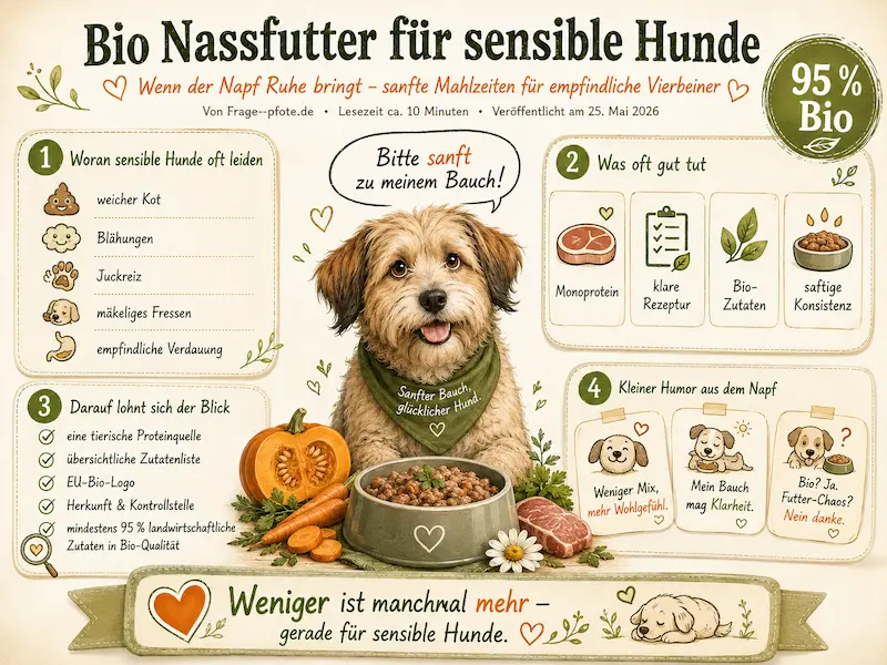Emotionale Infografik zu Bio Nassfutter für sensible Hunde mit Hund, Futternapf, Bio-Check, typischen Beschwerden und humorvollem Hinweis auf weniger Futter-Chaos.