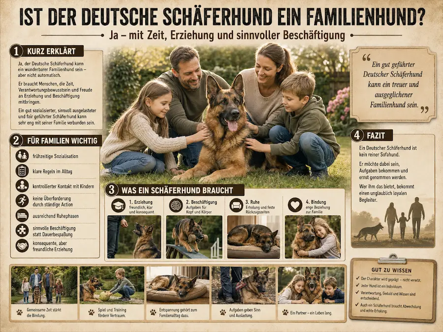 Infoposter mit einer Familie und einem Deutschen Schäferhund im Garten. Das Bild erklärt, dass der Deutsche Schäferhund ein guter Familienhund sein kann, wenn er früh sozialisiert, konsequent erzogen, sinnvoll beschäftigt und ausreichend zur Ruhe gebracht wird.