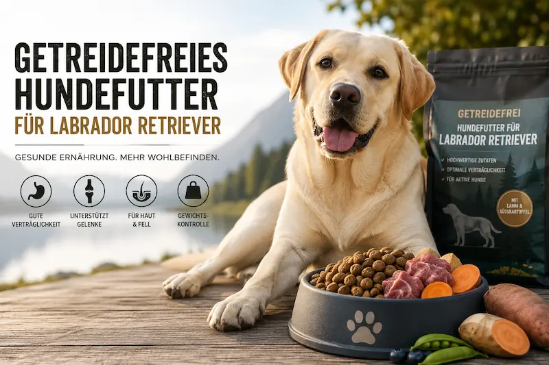 Gelber Labrador Retriever neben getreidefreiem Hundefutter mit Fleisch, Gemüse und Trockenfutter im Napf.