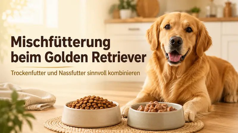 Trockenfutter und Nassfutter werden für einen Golden Retriever portioniert.