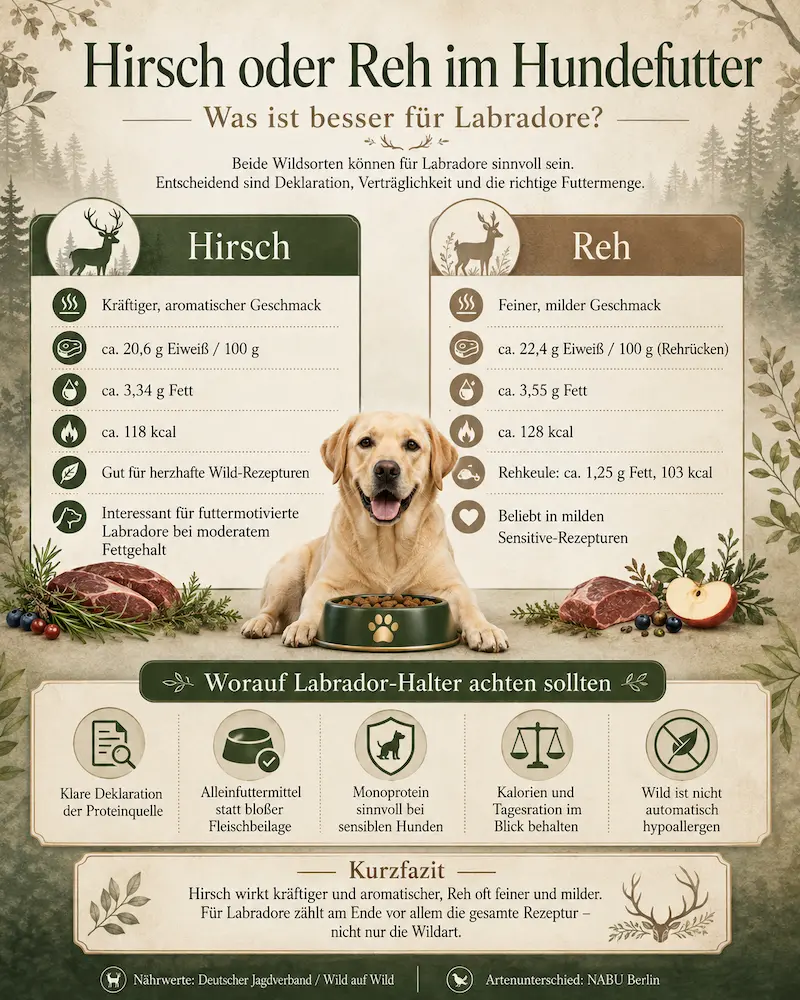 Infografik zu Hirsch oder Reh im Hundefutter für Labradore mit Vergleich zu Geschmack, Nährwerten und Verträglichkeit