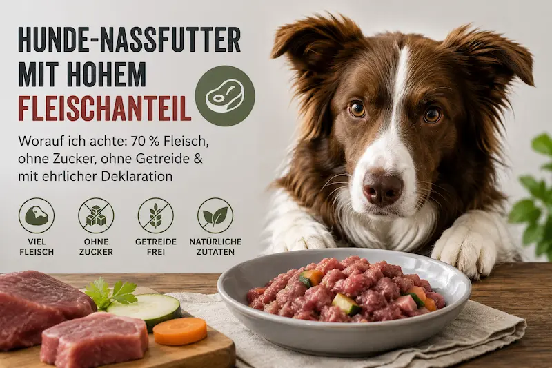 Hunde-Nassfutter mit hohem Fleischanteil in einer Futterschale, daneben frisches Fleisch und ein Hund, mit Hinweisen auf viel Fleisch, ohne Zucker und getreidefrei.