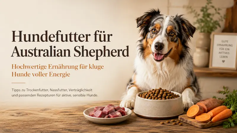 Australian Shepherd neben einer Schüssel Hundefutter mit natürlichen Zutaten für eine hochwertige Ernährung aktiver Hunde.