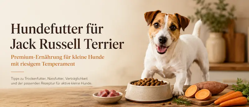 Hero-Bild zu Hundefutter für Jack Russell Terrier: hochwertige Ernährung, Trockenfutter, Nassfutter und passende Rezepturen für kleine aktive Hunde mit viel Temperament.