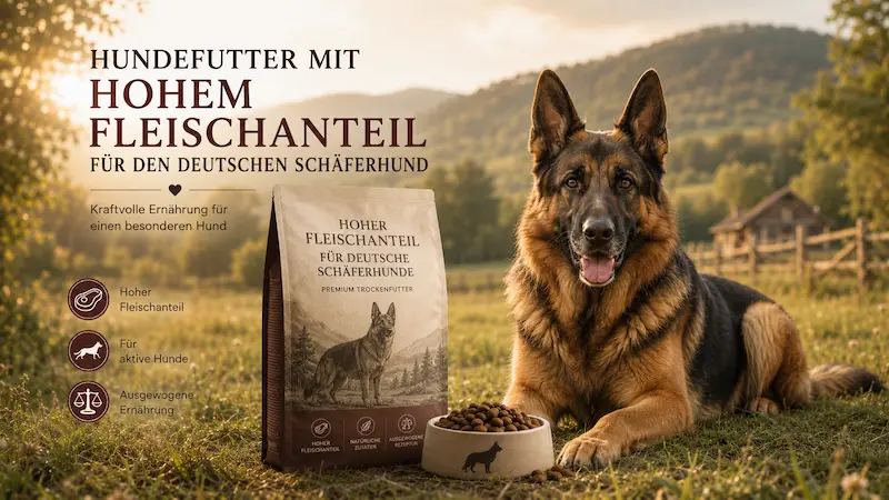 Hundefutter mit hohem Fleischanteil für den Deutschen Schäferhund neben einem Deutschen Schäferhund auf einer sonnigen Wiese.