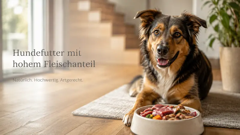 Glücklicher Hund vor einem Napf mit hochwertigem Hundefutter mit hohem Fleischanteil in einem natürlichen Zuhause.