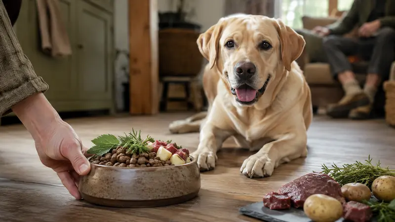 Labrador wartet auf Hundefutter mit Wild, Kartoffeln und Kräutern in einer Futterschale