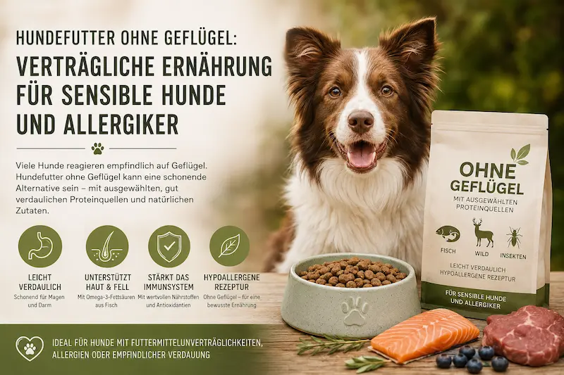 Hundefutter ohne Geflügel für sensible Hunde und Allergiker – mit gut verdaulichen Proteinquellen, hypoallergener Rezeptur und Unterstützung für Haut, Fell und Verdauung.