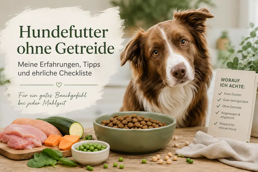 Hund vor Futternapf mit getreidefreiem Hundefutter, frischen Zutaten und Checkliste zur Futterqualität