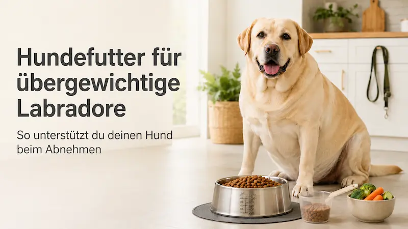 Übergewichtiger Labrador sitzt neben abgemessenem Hundefutter, Messbecher und Gemüse als Symbol für gesundes Abnehmen.