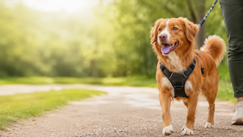 Hund mit passendem Geschirr beim Spaziergang auf einem sonnigen Weg
