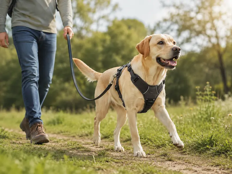 Gelber Labrador läuft mit gepolstertem Hundegeschirr entspannt an der Leine über einen Wiesenweg.