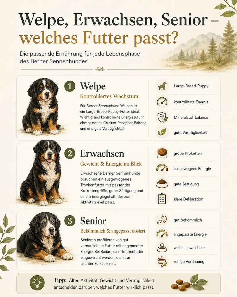 Infografik zu passendem Trockenfutter für Berner Sennenhund Welpen, Erwachsene und Senioren.