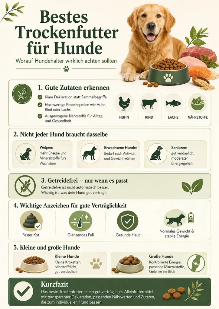 Infografik über bestes Trockenfutter für Hunde mit Tipps zu Zutaten, Alter, Verträglichkeit sowie Futter für kleine und große Hunde.