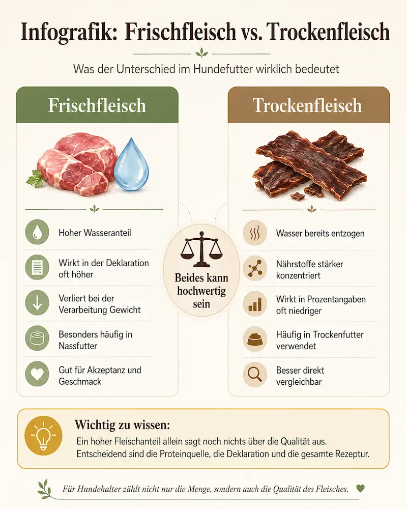 Infografik über Frischfleisch und Trockenfleisch im Hundefutter mit Vergleich zu Wassergehalt, Deklaration, Nährstoffdichte und Verdaulichkeit.
