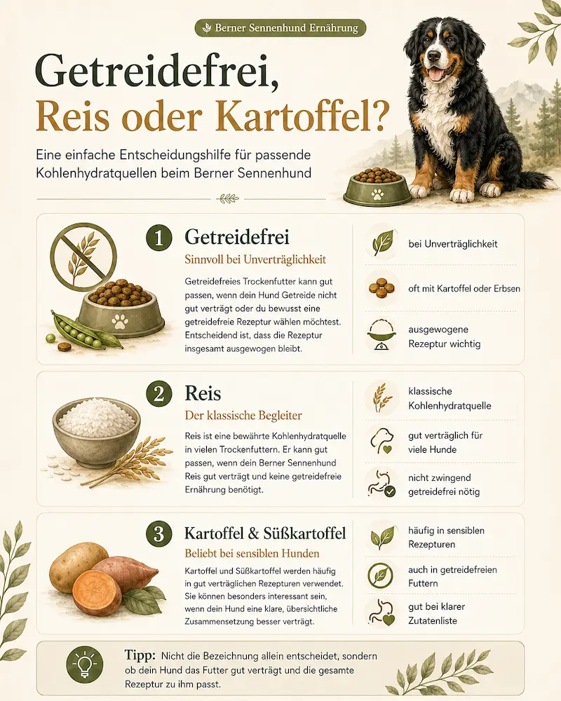 Vergleich von getreidefreiem Trockenfutter, Reis, Kartoffel und Süßkartoffel für Berner Sennenhunde.