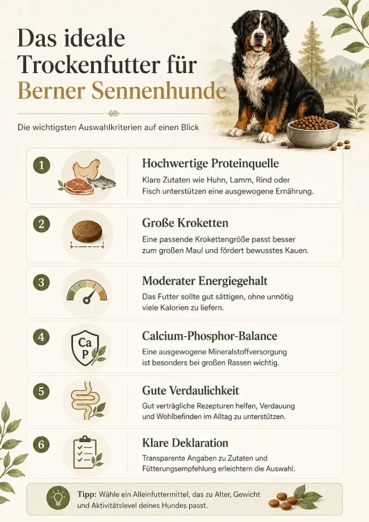 Infografik mit sechs Kriterien für gutes Trockenfutter für Berner Sennenhunde: Proteinquelle, große Kroketten, moderater Energiegehalt, Calcium-Phosphor-Balance, gute Verdaulichkeit und klare Deklaration.