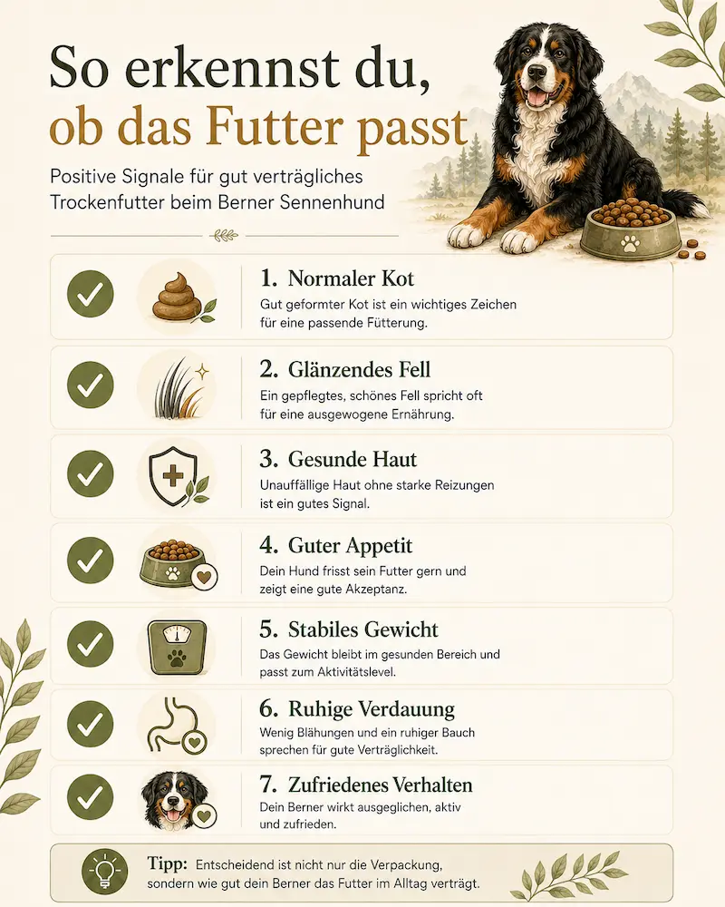 Checkliste mit positiven Anzeichen für gut verträgliches Trockenfutter beim Berner Sennenhund, darunter normales Verdauen, glänzendes Fell, gesunde Haut und zufriedenes Verhalten.