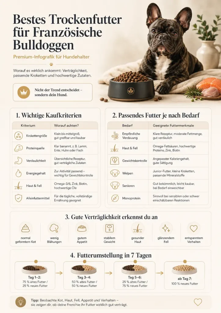 Infografik über bestes Trockenfutter für Französische Bulldoggen mit Tipps zu Krokettengröße, Proteinquelle, Verdauung, Haut, Fell und Futterumstellung.