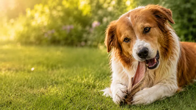 Natürliches Kaninchenohr mit Fell als Kauartikel für Hunde im Garten