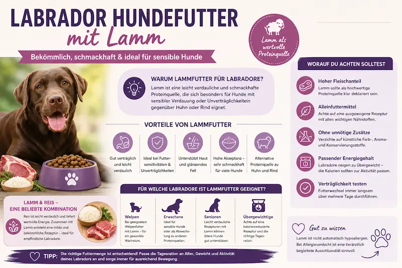 Infografik zu Labrador Hundefutter mit Lamm mit Tipps zu Verträglichkeit, Lamm und Reis, Futtermenge und sensibler Verdauung