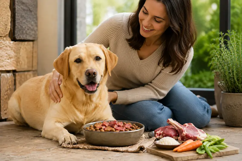 Labrador mit Hundehalterin neben einer Futterschale mit Hundefutter mit Lamm, Reis und Gemüse
