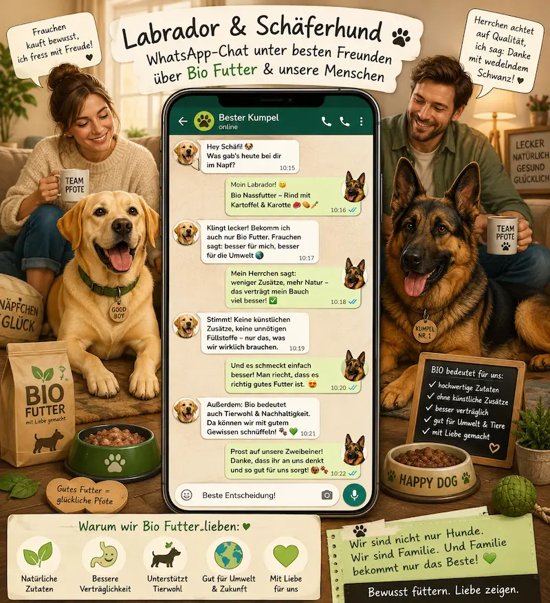 Humorvolle Illustration eines WhatsApp-Chats zwischen Labrador und Schäferhund über Bio Futter, natürliche Zutaten und liebevolle Fürsorge von Herrchen und Frauchen.