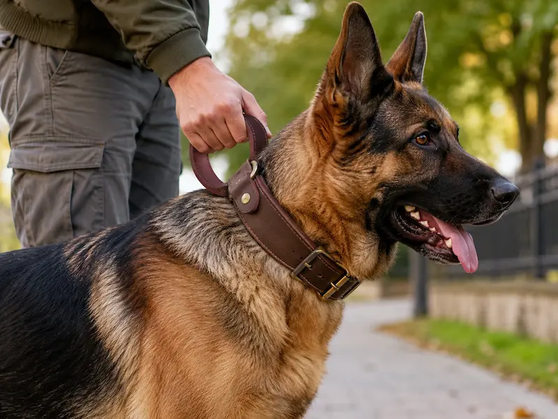Großer Schäferhund trägt ein breites Lederhalsband mit Griff, während eine Person den Haltegriff im Freien festhält.