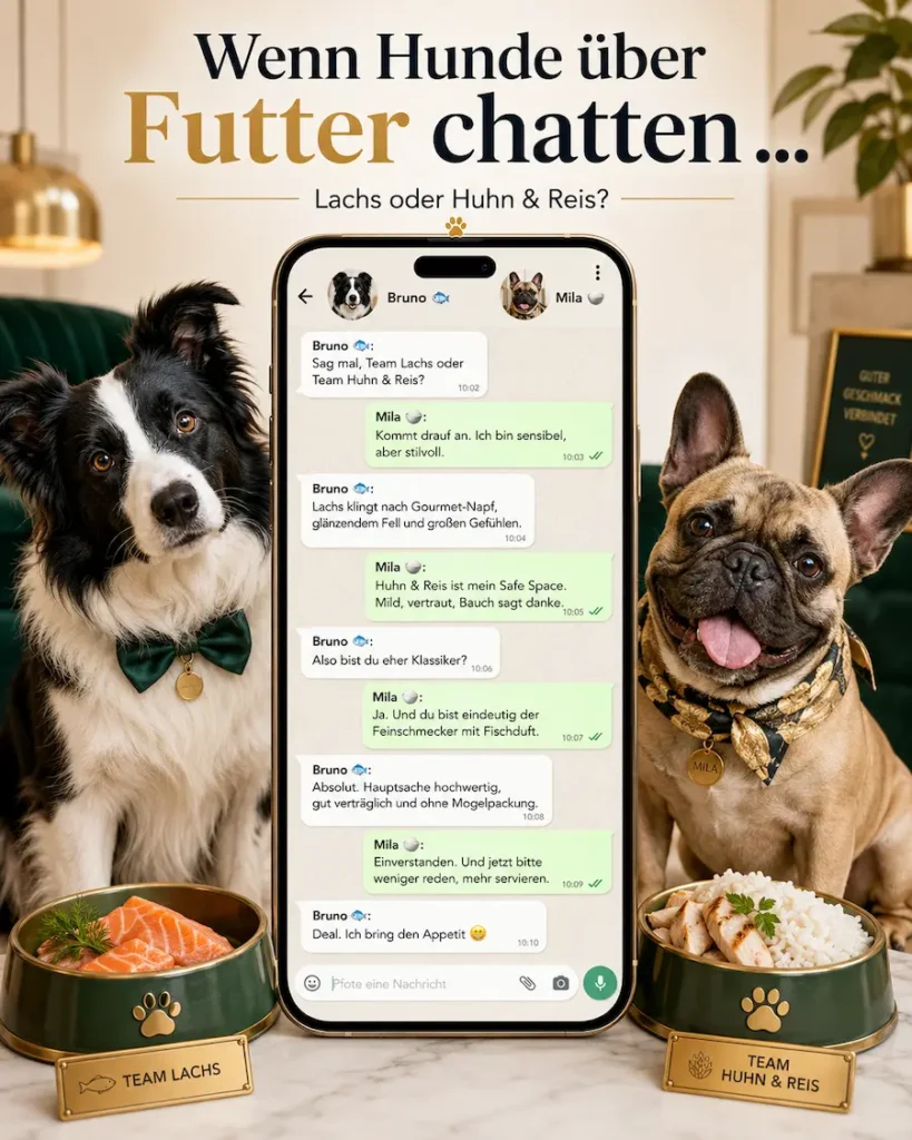 Lustiges Bild mit zwei Hunden und einem Smartphone-Chat über Hundefutter mit Lachs oder Huhn und Reis.