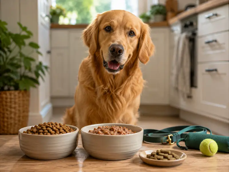 Golden Retriever sitzt in der Küche vor einem Napf mit Trockenfutter und einem Napf mit Nassfutter.