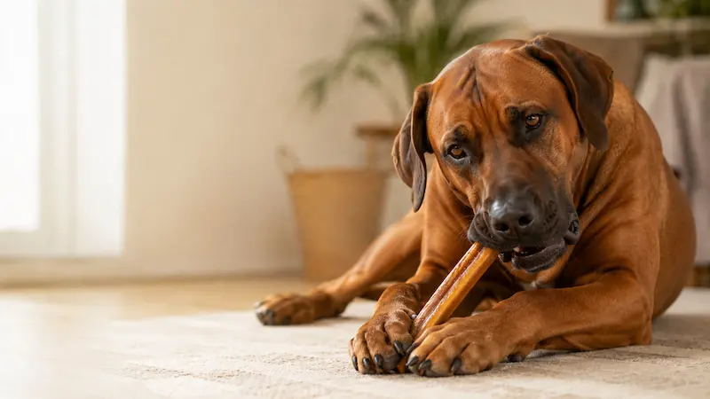 Kräftiger brauner Hund liegt auf einem Teppich und kaut entspannt an einem natürlichen Ochsenziemer.
