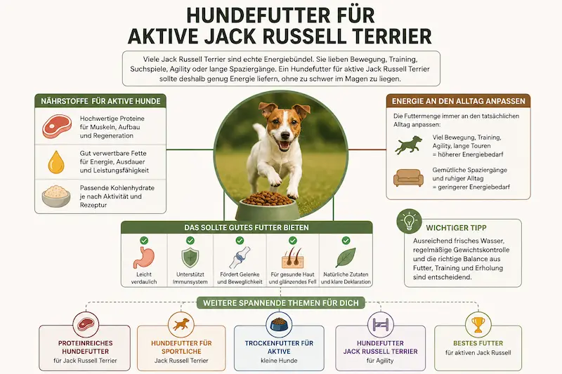 Infografik zu Hundefutter für aktive Jack Russell Terrier: wichtige Nährstoffe, Energiebedarf, Proteine, Fette, Kohlenhydrate und Tipps zur passenden Futtermenge.