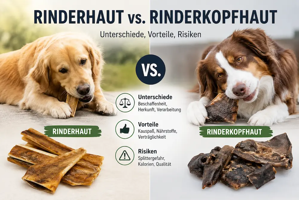Infografik zu Rinderhaut vs. Rinderkopfhaut für Hunde