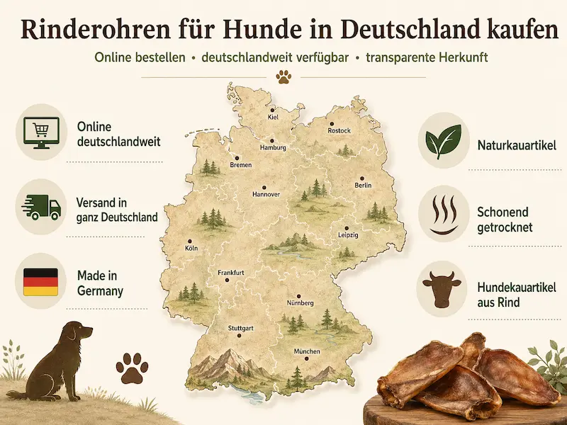 Deutschland-Karte zum Kauf von Rinderohren für Hunde mit Versand und Herkunftshinweisen