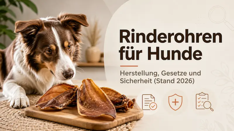 Hund mit getrockneten Rinderohren und Hinweis auf Herstellung, Gesetze und Sicherheit
