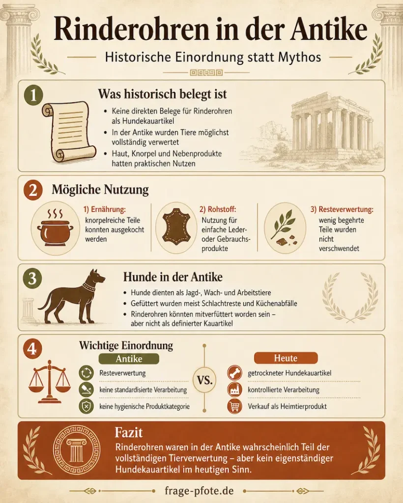 Infografik über Rinderohren in der Antike mit historischer Einordnung und Vergleich zu heute