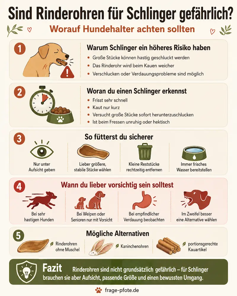 Infografik über Rinderohren für Schlinger und wichtige Sicherheitshinweise für Hundehalter
