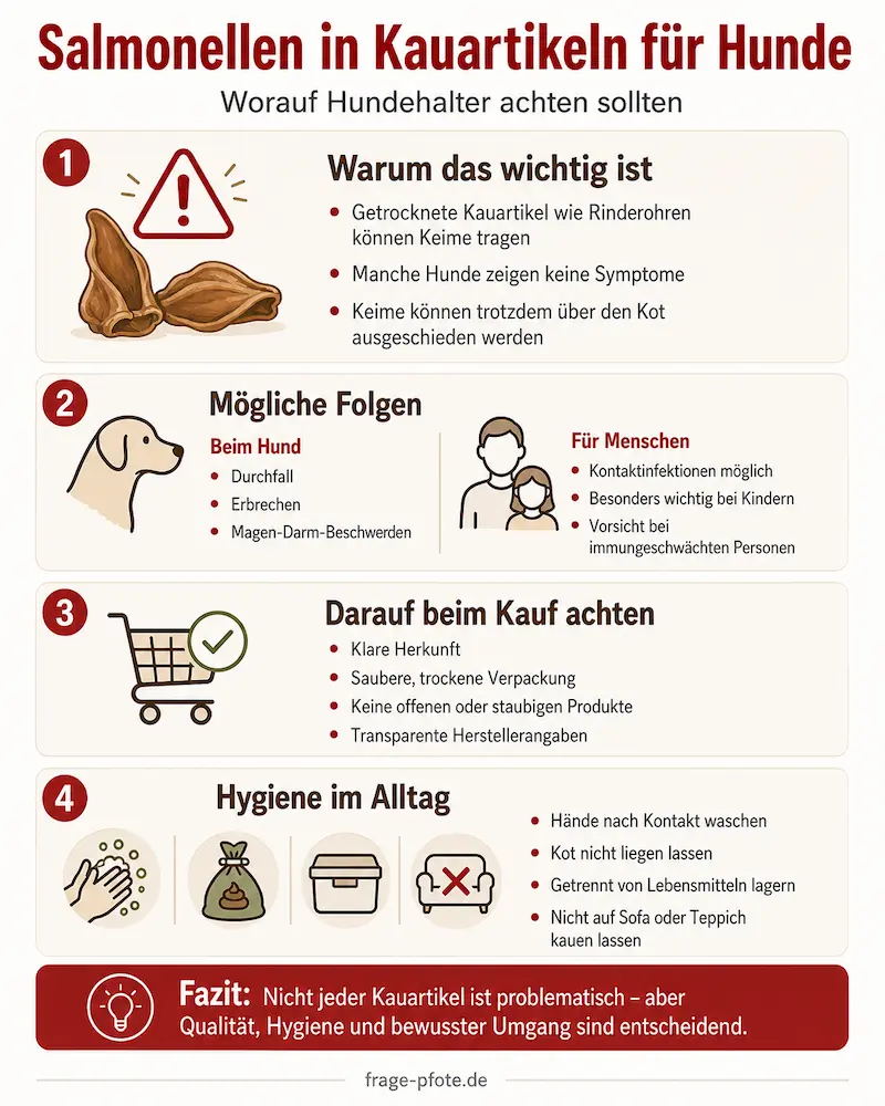 Salmonellen in Kauartikeln für Hunde Infografik mit Risiken, Symptomen und Hygienetipps