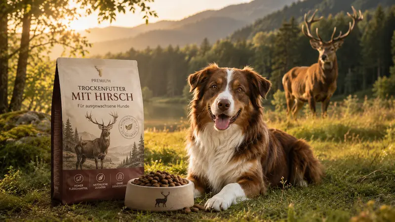 Alt-Text Trockenfutter mit Hirsch für Hunde neben einem Hund und einem Hirsch in natürlicher Waldlandschaft.