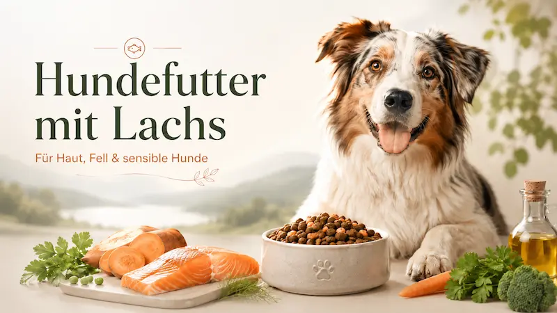Hund neben Hundefutter mit Lachs, Gemüse und natürlichen Zutaten für sensible Hunde sowie Haut und Fell.