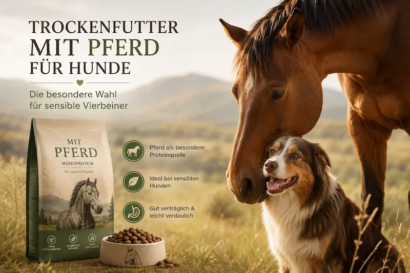 Trockenfutter mit Pferd für sensible Hunde neben einem Hund und einem Pferd auf einer sonnigen Wiese.