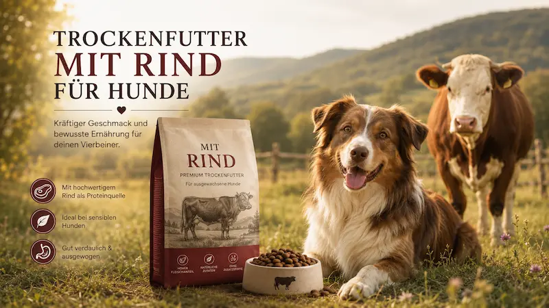 Trockenfutter mit Rind für Hunde neben einem Hund und einer Kuh auf einer sonnigen Wiese.