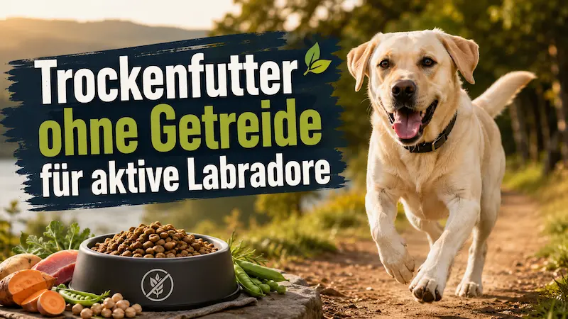 Aktiver Labrador läuft auf einem Naturweg neben einem Futternapf mit getreidefreiem Trockenfutter