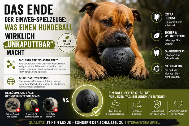 Kräftiger Hund kaut auf schwarzem, robustem Gummiball mit Hinweisen zu langlebigem, zahnschonendem Material.